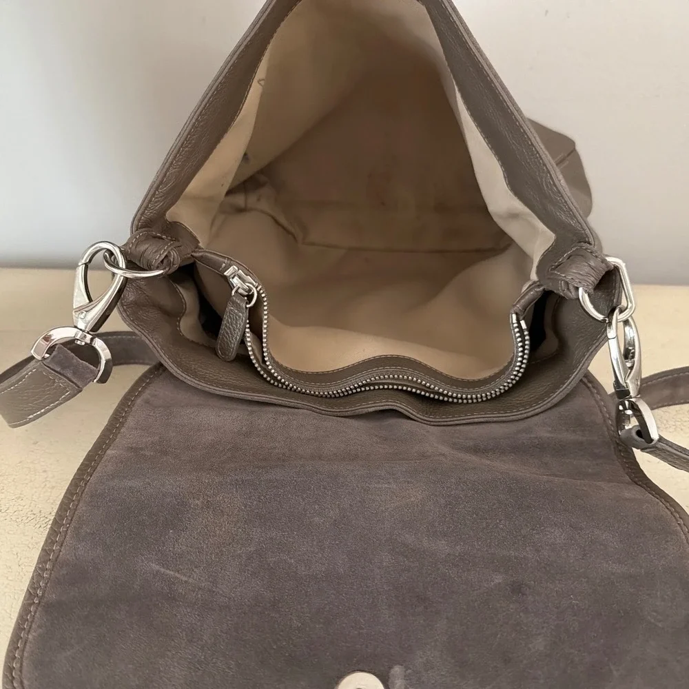 Fabiana Filippi Taupe Brown Pebbled Leather‎ Grey Wool Flap Crossbody Bag Italy
